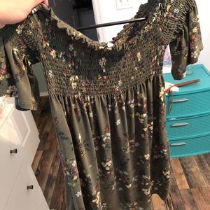 Off the shoulder olive floral dress!